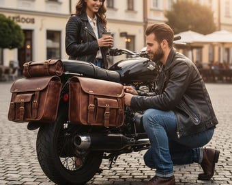 Juego de 3 alforjas de cuero para motocicleta, hechas a mano en cuero marrón. Juego de alforjas laterales retro para moto con bolsa para herramientas.