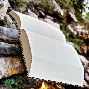 May include: A hardcover book with white pages is open, revealing a stack of blank pages. The book's spine has a black and white striped pattern. The book is resting on a stone surface with greenery in the background.