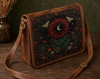 May include: A brown messenger bag with an adjustable shoulder strap. The front flap features a detailed illustration of a large red sunflower with a crescent moon at its center, surrounded by green foliage, small red flowers, and two moths.