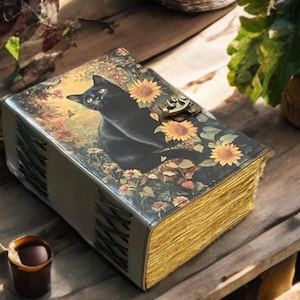 Black Cat Leather Journal: Handmade Grimoire with Sunflower Art