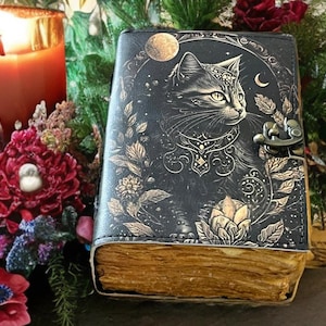 Celtic Cat Leather Grimoire: 400-Page Witchcraft Journal, Spell Book, Sketchbook image 1