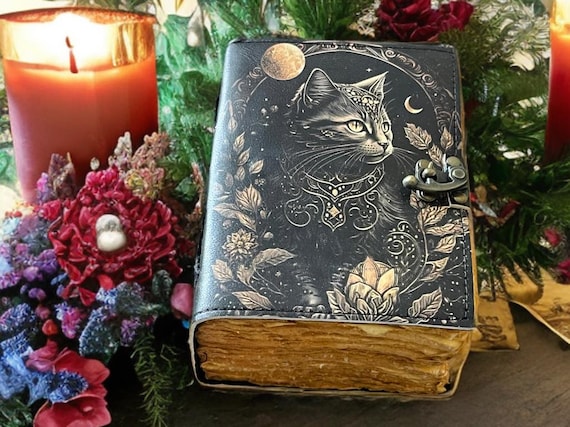 Celtic Cat Leather Grimoire: 400-Page Witchcraft Journal, Spell Book, Sketchbook