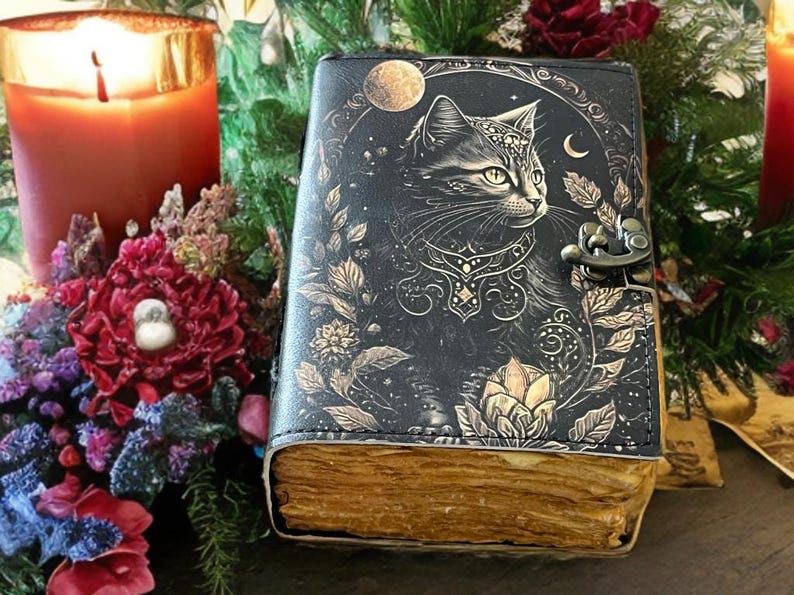 Celtic Cat Leather Grimoire: 400-Page Witchcraft Journal, Spell Book, Sketchbook image 1