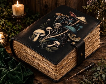 Blank Spell Book of Shadows Large Leather Grimoire Journal Vintage Botanical Mushrooms and Celestial Journal Gifts for him her