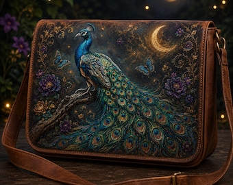 May include: A brown leather messenger bag featuring a detailed illustration of a peacock perched on a branch. The design includes blue butterflies, purple flowers, golden swirls, and a crescent moon against a dark, starry night sky background.