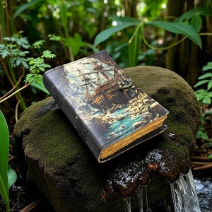 May include: A leather-bound journal with a vintage nautical scene on the cover, featuring a tall ship sailing on a stormy sea. The journal has a metal clasp and aged, yellowed pages, evoking a sense of history and adventure.