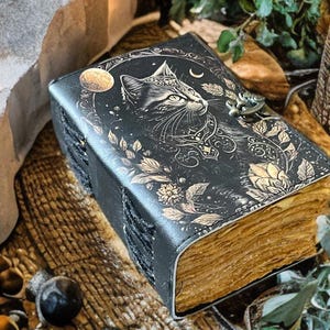 May include: A black leather journal with a cat design on the cover. The cover features an embossed cat with a crescent moon and floral accents. The journal has a metal clasp and aged-looking pages.