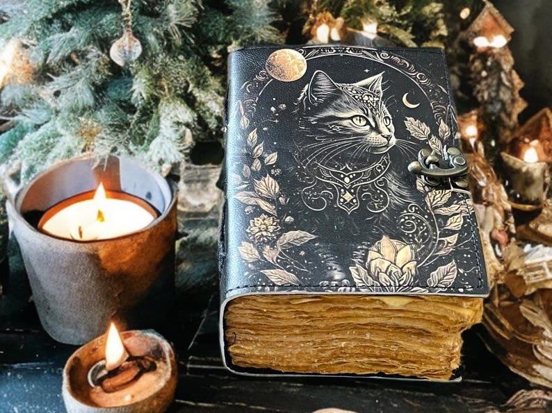 Celtic Cat Leather Grimoire: 400-Page Witchcraft Journal, Spell Book, Sketchbook image 4