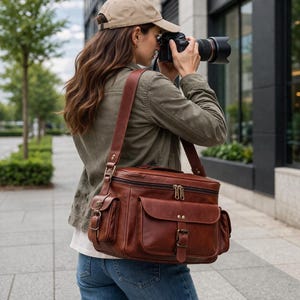 Sac photo en cuir pleine fleur | sacoche vintage pour reflex numérique, sac à bandoulière pour photographe de voyage