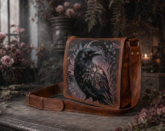May include: A brown leather messenger bag featuring a rectangular front flap with a detailed illustration of a black raven surrounded by botanical elements, a crescent moon, and moths. The bag includes an adjustable shoulder strap and metal hardware.