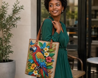 May include: A tan tote bag featuring a vibrant, three-dimensional relief design of a scarlet macaw parrot perched among colorful tropical flowers, green leaves, and two butterflies. The bag has two brown leather shoulder straps and a rectangular shape.