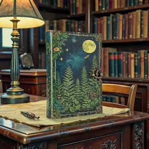 May include: A decorative journal with a forest and night sky design. The cover features a full moon, stars, and ferns. The journal is closed with a metal clasp. The journal is on a wooden desk with a lamp and books in the background.