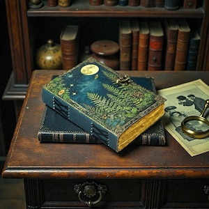 May include: A decorative journal with a celestial design featuring a full moon, stars, and fern leaves. The journal has a dark blue cover with gold-gilded edges and a metal clasp. The journal is stacked on top of another dark blue journal.