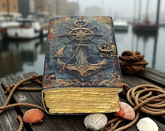 Diário Vintage em Branco, Livro das Sombras, Caderno Náutico Artesanal em Couro com Âncora e Timão, Bordas Recortadas, Presente Ideal para Ele e Ela