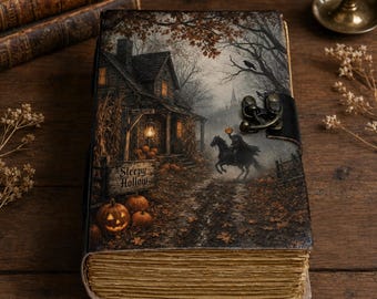 May include: A rectangular journal with a dark, atmospheric cover illustration featuring a house, pumpkins, and a headless horseman. The cover displays the text Sleepy Hollow and includes a metal latch closure. The pages have a weathered, deckled edge.