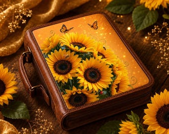 May include: A rectangular brown zippered case featuring a printed top panel with a vibrant bouquet of yellow sunflowers, green leaves, and two orange monarch butterflies against a golden, glowing background with subtle sparkling light effects.