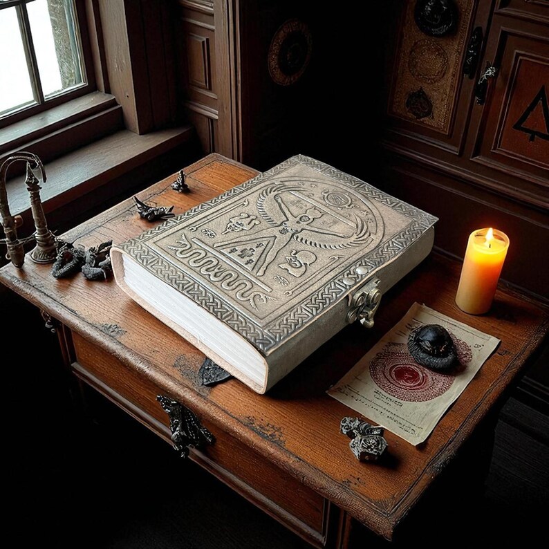 May include: A large, antique-style book with intricate embossed designs, including a central figure and serpent motifs. The book is on a wooden table with a lit candle and other decorative items, creating a mystical ambiance.