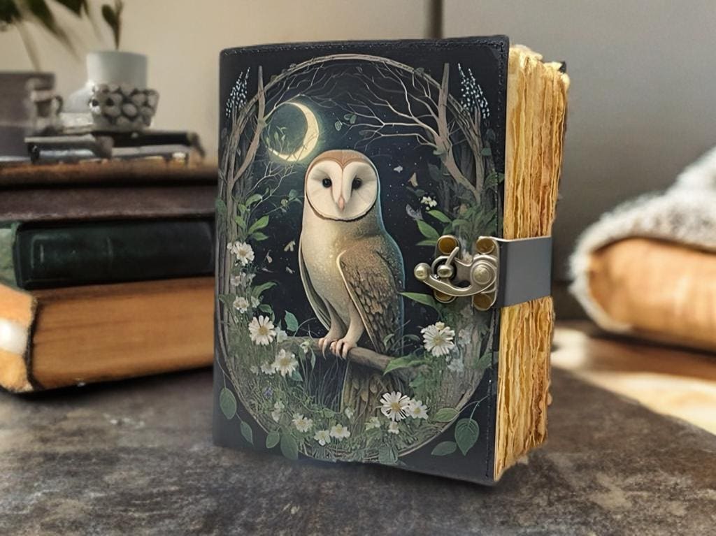 Large Leather Grimoire Journal: Owl Print, Celestial Book of Shadows