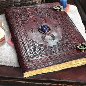 Triple Moon Handmade Vintage Leather Journal Blank Spell Book of Shadows Grimoire Junk Journal Witchy Sketchbook & Notebook Gift for him her