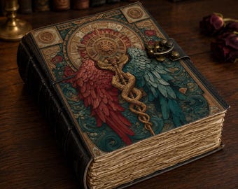 May include: A rectangular hardcover book with a textured cover featuring a central gold caduceus symbol flanked by one red wing and one teal wing. The cover includes a circular clock-like design and a metal latch. The pages have a deckled edge.