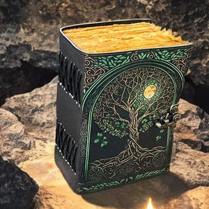 Puede incluir: Un diario de cuero negro con un dise&ntilde;o de &aacute;rbol de la vida en verde y dorado. El diario tiene un cierre de broche y un lomo decorativo. Las p&aacute;ginas est&aacute;n envejecidas con un tono dorado. El diario est&aacute; sobre una roca.