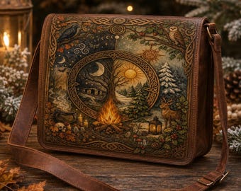 May include: A brown leather messenger bag featuring a detailed embossed illustration of a split scene showing a moonlit night with a raven and a sunlit day with an owl, a central campfire, a deer, and intricate Celtic knotwork borders.