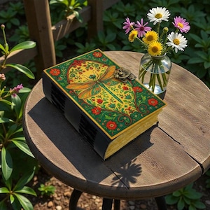 May include: A decorative wooden box with a dragonfly design on the lid. The box features a yellow background with a dragonfly and floral pattern, framed by a green border. The box is on a wooden table next to a vase of flowers.