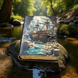 May include: A leather-bound journal with a detailed illustration of a tall ship sailing through a rocky inlet. The cover features a metal clasp. The journal is resting on a mossy rock in a stream, with a forest background.