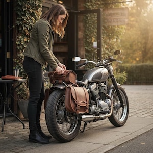 May include: A silver motorcycle with brown leather saddlebags is parked on a brick sidewalk. The motorcycle has a classic design with chrome accents. A person is standing next to the motorcycle, adjusting the saddlebags. The scene is set outdoors.