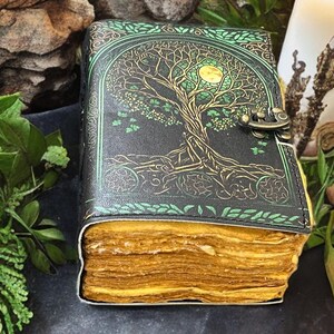 Puede incluir: Un diario encuadernado en cuero con un dise&ntilde;o de &aacute;rbol de la vida en la portada. La portada es negra con detalles verdes y dorados. Las p&aacute;ginas est&aacute;n envejecidas y amarillentas, y el diario tiene un cierre met&aacute;lico.