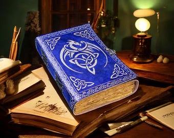 Handmade Leather Grimoire: Celtic Dragon Spell Book with Antique Paper