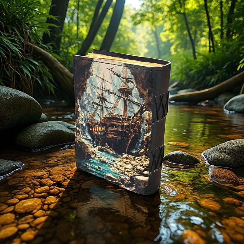 May include: A leather-bound journal with a detailed illustration of a tall ship sailing through a rocky inlet. The journal's cover features a dark brown leather spine and a textured design. The image is set in a natural environment with a stream and rocks.