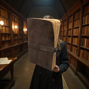 May include: A large, antique-style book with a dark brown cover and aged pages. The book is held in front of a person in a library setting, with bookshelves filled with books in the background. The book has a leather strap and buckle.