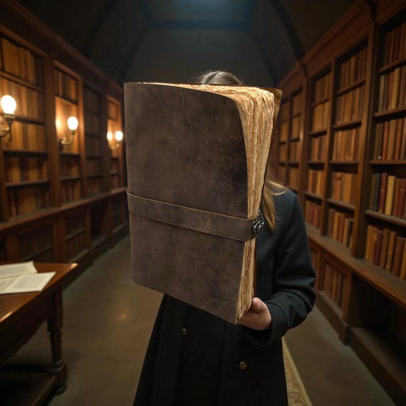 A genuine spell book aesthetic with deckle-edge pages and extra-large format — the kind of journal that looks like it belongs in a fantasy novel.