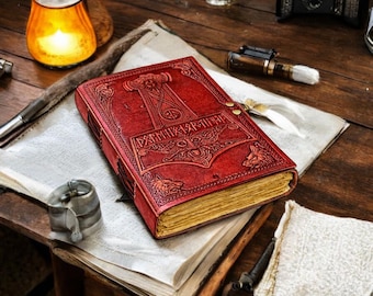 Handmade Viking Leather Journal | Thor Mjolnir Grimoire, Norse Book of Shadows
