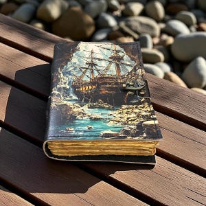 May include: A leather-bound journal with a detailed illustration of a tall ship sailing through a rocky cove. The cover features a metal clasp and aged, golden-edged pages. The journal rests on a wooden surface.