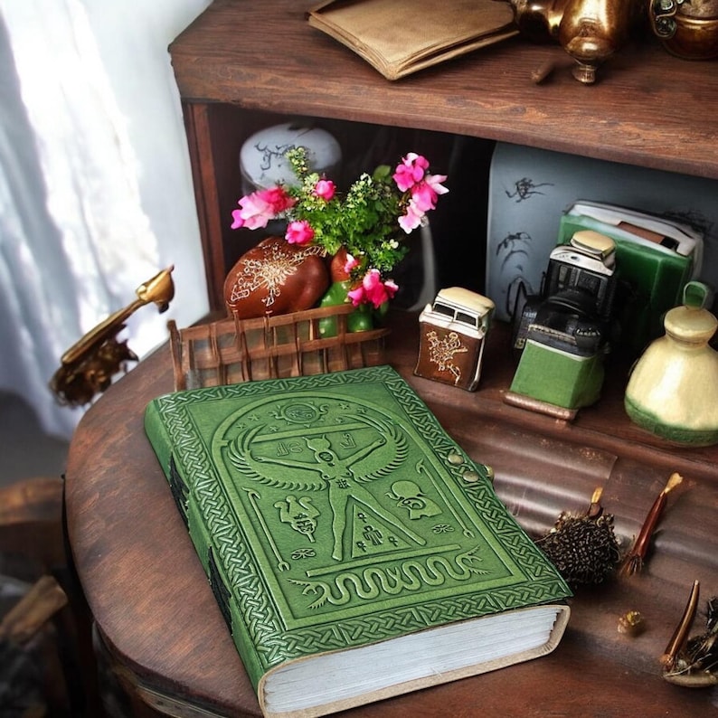 May include: A green leather-bound journal with an embossed design featuring a human figure and serpent. The journal is on a wooden surface, with other decorative items in the background, including flowers and small trinkets.