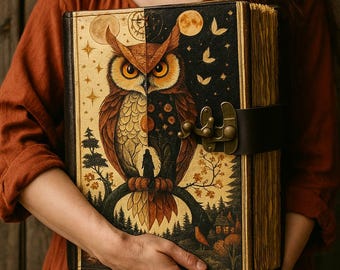 Handmade Owl Leather Grimoire: Witchy Book of Shadows, Deckle Edge