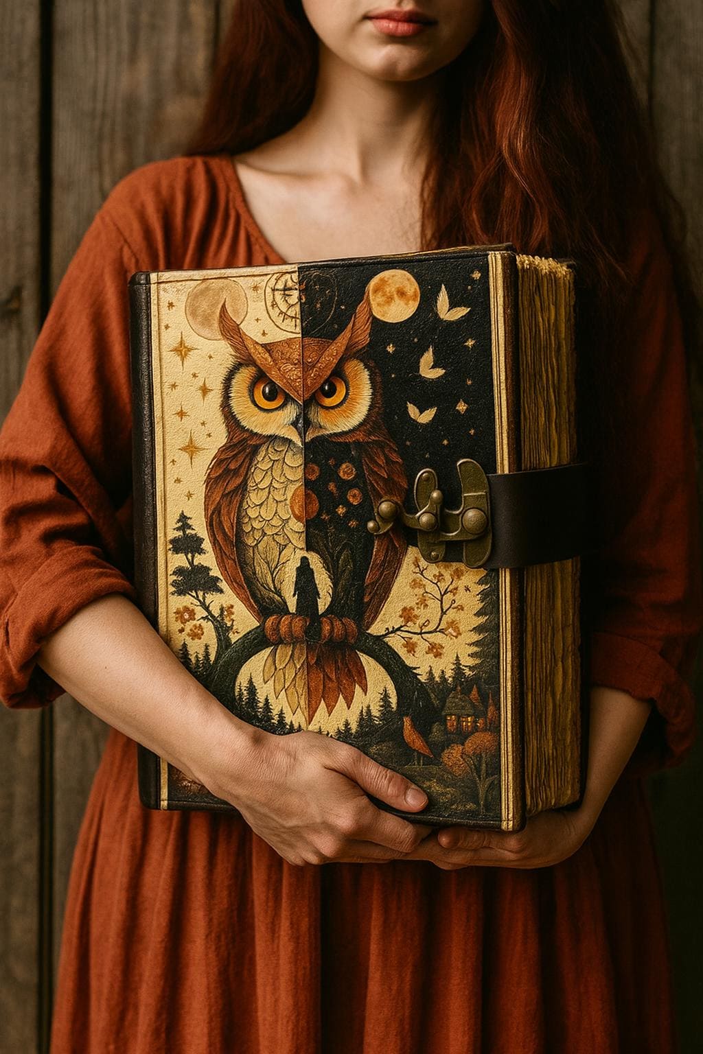 Handmade Owl Leather Grimoire: Witchy Book of Shadows, Deckle Edge