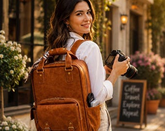 May include: A tan faux leather backpack featuring a rectangular main compartment, a front pocket with two buckle straps, side pockets, and a top handle. A patterned scarf is tied to the handle, and a black camera is held in one hand.