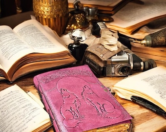 Vintage leather junk journal Grimoire journal Handmade Leather Wolf Journal | Celtic Book of Shadows gifts for men and women