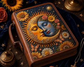 May include: A rectangular brown leather-like case featuring a relief design of a golden sun and a blue moon face surrounded by sunflowers, daisies, roses, and butterflies. The cover has a dark blue background with small gold stars and a handle.