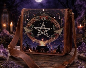 May include: A brown leather messenger bag featuring a rectangular flap with a printed graphic of a large white pentagram, a black cauldron, moths, and holly leaves against a dark night sky background with a crescent moon and stars.