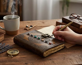 Cuaderno de cuero hecho a mano con piedras preciosas de los siete chakras, libro de bocetos de cuero celta con relieve del Libro de las Sombras, cuaderno de cuero, regalos para él y para ella.
