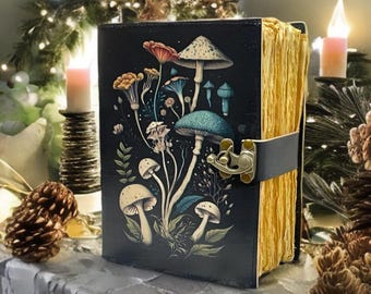 Libro de hechizos de las sombras en blanco, grimorio grande de cuero, diario botánico vintage, hongos y diario celestial, regalos para él y para ella.