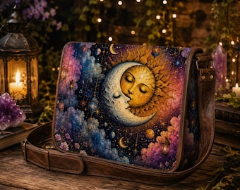 Celestial Sun and Moon Leather Messenger Bag, Handmade Leather Crossbody Laptop Bag, Witchy Boho Satchel, Gothic Fantasy Gifts for him her