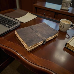 May include: A dark brown leather-bound journal with a wrap-around strap closure and a small metal clasp. The journal features thick, deckled-edge pages that appear aged and textured, resting on a polished wooden surface near a laptop and mug.