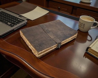 Libreta de cuero vintage extragrande hecha a mano – Cuaderno de escritura rústico encuadernado en cuero con candado, ideal para regalar.