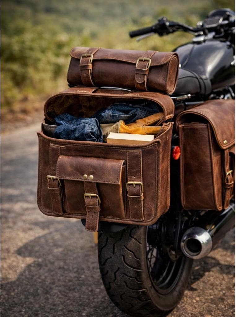 Set of 3 Vintage Leather Motorcycle Saddle Bag