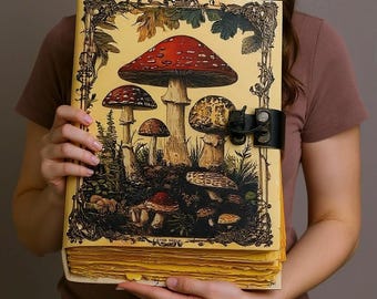 Blank Spell Book of Shadows vintage Leather Journal Handmade Mushroom Leather Grimoire, Antique Spell Book, Deckle Edge Paper gifts